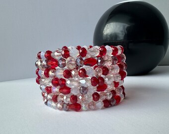 Beaded Cuff Bracelet in Red, White and Pink