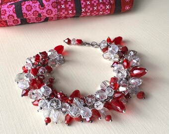 Red and White Bead Cluster Bracelet