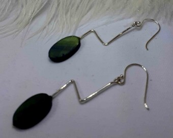 Original  sterling silver earrings mounted with diopside gemstone ( dark green )