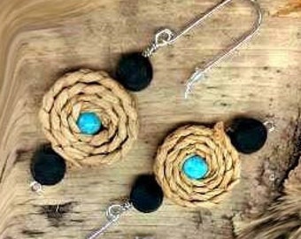 Lovely summer look earrings mounted with genuine larimar gemstone , rattan and wooden beads on sterling silver hook .