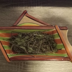 Pode incluir: Um prato decorativo de cerâmica com formato retangular e laterais anguladas. O prato apresenta um padrão listrado em laranja, verde e bege. É preenchido com ervas secas, provavelmente para uso culinário.