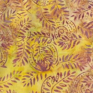 Batik, Yellow Batik, Batik by the Half Yard, Yellow Fabric, Yellow Plant Batik, Yellow and Purple Batik