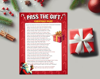 May include: A red and white Christmas game card with a candy cane design. The card has instructions for a "Pass the Gift" game with rhymes for each round. The text on the card reads "Pass the Gift/Christmas Game".