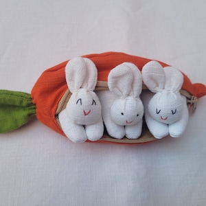 A carrot purse bursting with three white removable cotton bunnies. Really well made. Good zip on the carrot. Hours of fun.