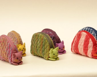 Cat Purse charming, handmade lovely gift for birthdays . Made with love and hand woven linen. Lined and oodles zip