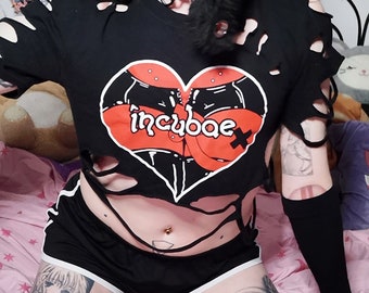Könnte beinhalten: Eine Person trägt ein schwarzes T-Shirt mit dem Wort "incubae" auf einem roten Herzen, schwarze Shorts und rot-schwarze gestreifte Kniestrümpfe. Die Person hat schwarzes Haar mit einem roten Horn-Accessoire und sitzt auf einem rosa Bett mit einem lila-weißen Plüschtier im Hintergrund.
