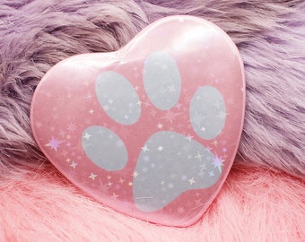 Pastel Paw Holographic Heart Badge (55mm) - Blue and Pink Paw Print