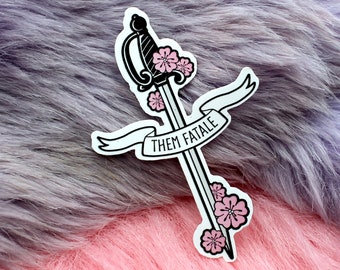 Them Fatale Sword Sticker (6cm) - Non-Binary Sword Sakura Cherry Blosssom Flowers LGBTQ