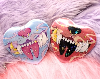 Oni Demon Dog Heart Badges (55mm) - Holographic finish Blue Pink Red Black