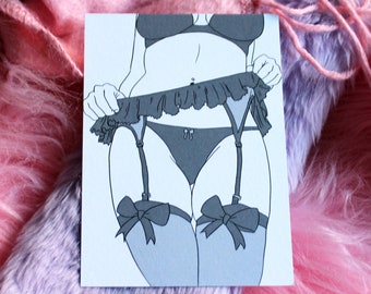 Girls in Garters Bow Stockings A6 Print