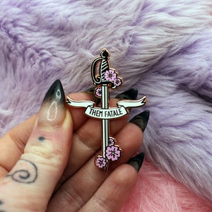 Them Fatale Rapier Sword Enamel Pin A Grade, Hard, Rose Gold Sakura Blades Pin image 4