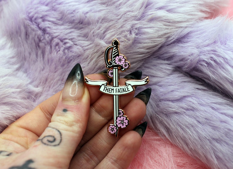 Them Fatale Rapier Sword Enamel Pin A Grade, Hard, Rose Gold Sakura Blades Pin image 4