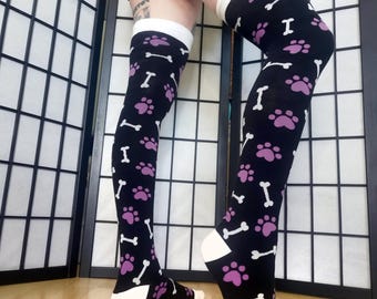 Purple Paw Print Black and White Bone Thigh High Socks (Size 3-12 UK)