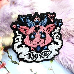 May include: Embroidered patch featuring a pink, cartoon-style goat head with blue horns and accents, surrounded by white smoke and black borders. The text "TRANS RITES" is displayed in white. The patch is set against a fluffy, purple background.