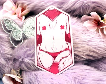 May include: A white sticker with a pink outline and accents. The sticker features a stylized illustration of a figure with a furry torso, red underwear, and red cross-shaped coverings on the chest. The sticker is set against a purple, fluffy background.
