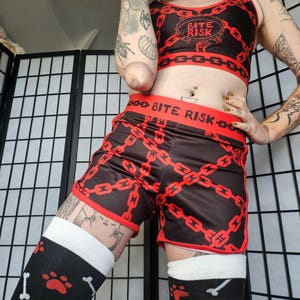 May include: A black and red two-piece set consisting of a crop top and shorts, both featuring a repeating red chain link pattern. The waistband of the shorts and the chest area of the top display the text BITE RISK in bold red lettering.