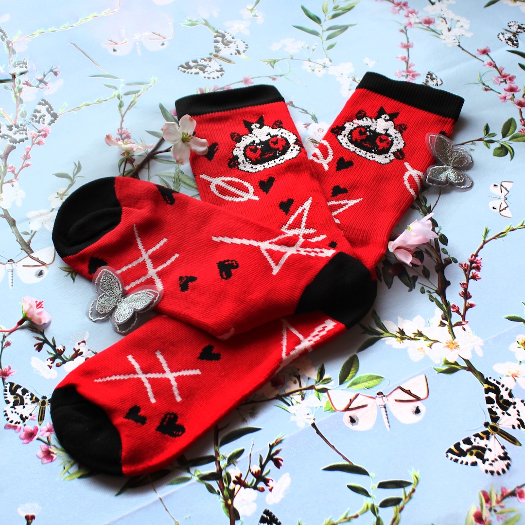 Cult of the Lamb Red and Black Crew Socks (Mens Size 4-12 UK)