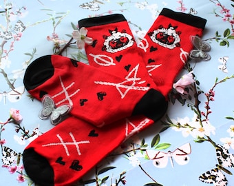 Cult of the Lamb Red and Black Crew Socks (Adult Size 3-12 UK)