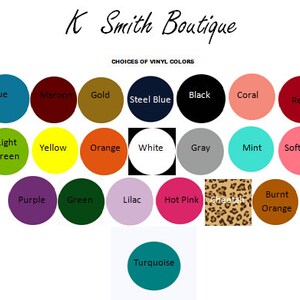 Puede incluir: Una tabla de colores que muestra los diferentes colores de vinilo disponibles para la compra. Los colores incluyen azul, granate, dorado, azul acero, negro, coral, rojo, verde claro, amarillo, naranja, blanco, gris, menta, rosa claro, morado, verde, lila, rosa fuerte, estampado de leopardo, naranja quemado y turquesa.
