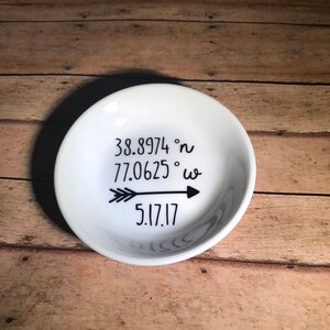 Latitude and longitude cordinates ring dish, wedding ring holder, engagement ring holder, gift for the bride.
