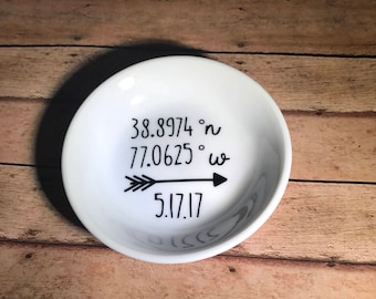 Latitude and longitude cordinates ring dish, wedding ring holder, engagement ring holder, gift for the bride.