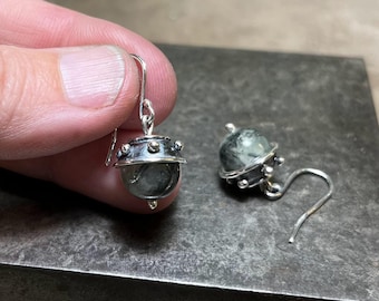 Medieval-Inspired Sterling Silver Acorn Earrings with 10mm Prehnite Stone