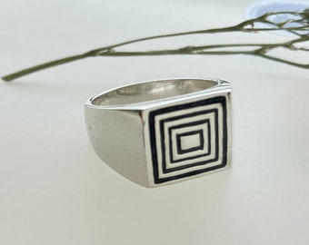 Square Signet Sterling Silver Ring For Man, with patina work detail; Solid ring for man in sterling silver .