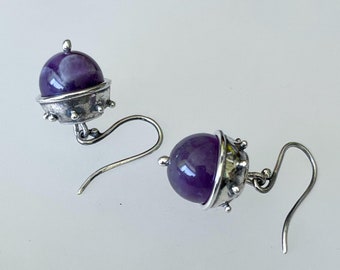 Handmade Sterling Silver Acorn Hook Earrings with Amethyst - Rustic Medieval Charm
