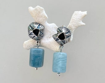 Mar&Terra Earrings – A Stunning Fusion of Sea and Earth! Unique handmade sterling silver 925 earrings with a seashell and blue agatha stone