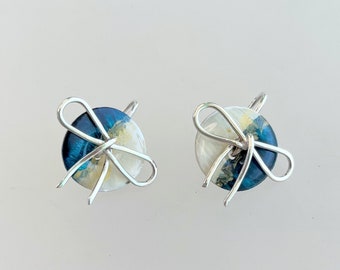 Elegant Sterling Silver (925) Earrings with Blue Pearl Button & Silver Bow Detail