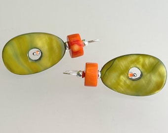 Bohemian Silver Earrings with Coral and Green Mother of Pearl