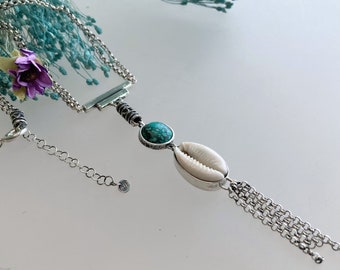 Unique Tibetan Turquoise & Cowrie Seashell Sterling Silver Necklace