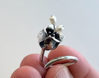 Exclusive Silver Open Ring Inspired by Lily of the Valley with Pearl Details