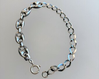 Asymmetric unisex puff mariner link and chain bracelet, anchor-chain bracelet, link bracelet, Sterling silver, handmade, 9mm Puffed Mariner