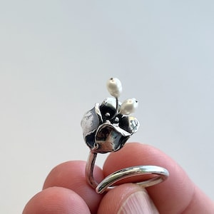 Exclusive Silver Open Ring Inspired by Lily of the Valley with Pearl Details