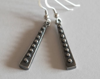 Trapezium sterling silver earrings, Handmade earrings with balls, Oxidized earrings