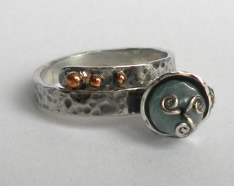 Handmade ring, sterling silver open ring, Aqua-green hidrothermal gemstone and copper details