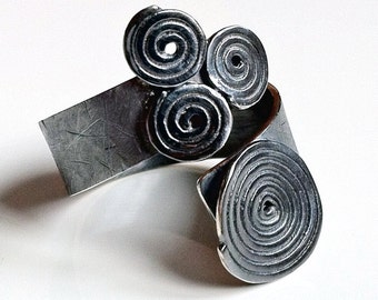 Open ring, oxidized ring, scratched finish, polished spirals, ring with spirals