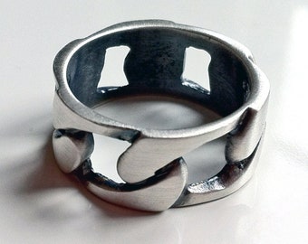 Ring with a polished finish on the outside and oxidized on the inside, sterling silver ring, unisex ring, chain effect ring