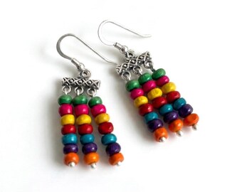 Bohemian Multicolored Wooden Beads Earrings – Handmade Sterling Silver 925