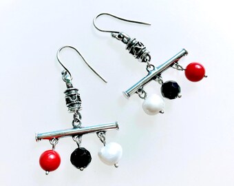 Oxidized Sterling Silver Boho Earrings: Coral, Pearl & Crystal