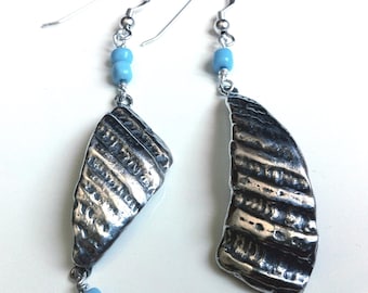 Asymmetric Sterling Silver Seashell Earrings with Turquoise Beads