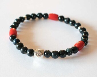 Men's bracelet, Sterling silver bracelet, Beaded Bracelet, Gemstone Bracelet: pure hawk's eye and coral