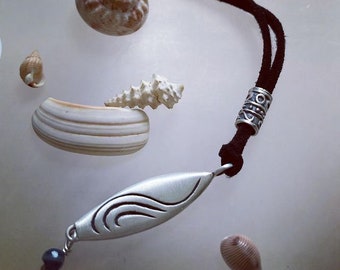 Surfboard leather necklace, sterling silver surf necklace, surfboard necklace with agate stone, handmade necklace