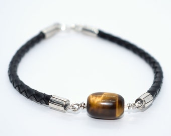 Leather bracelet with tiger eye stone, Sterling silver  bracelet, Beaded Bracelet, Tiger eye gemstone bracelet, Leather bracelet.