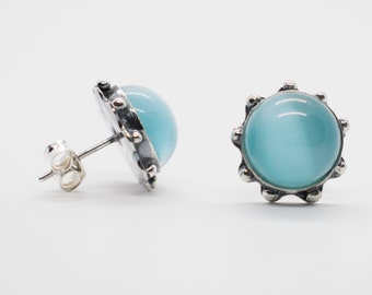 Handmade sterling silver earrings with cateye stone, round earrings, earring with spheres.