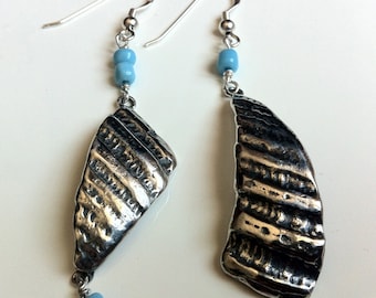 Asymmetric Sterling Silver Seashell Earrings with Turquoise Beads