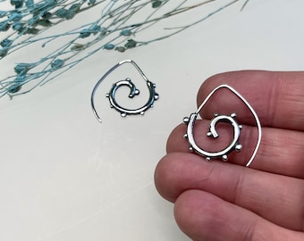 Hippie Silver Spiral Earrings with Polished Oxidized Finish