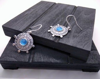 Bohemian earrings, handmade sterling silver earrings with cat-eye stone, Boho earrings, hippie earrings.