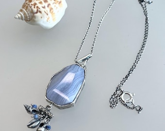 Ocean Soul: Handcrafted Sterling Silver Blue Lace Agate & Shell Tassel Necklace